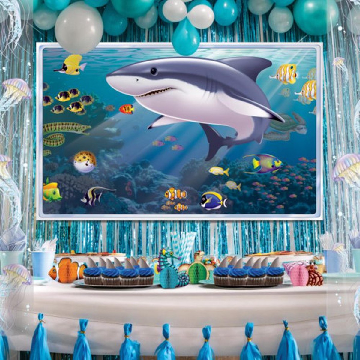Aquarium View Photo Backdrop - 62" - White and Blue - Pack of 6