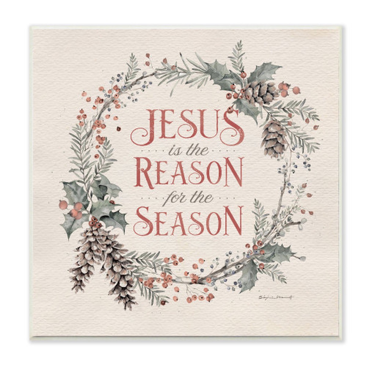 Beige and Green Jesus Reason for Season Wreath Christmas Wall Plaque Art Decor 12" x 12"