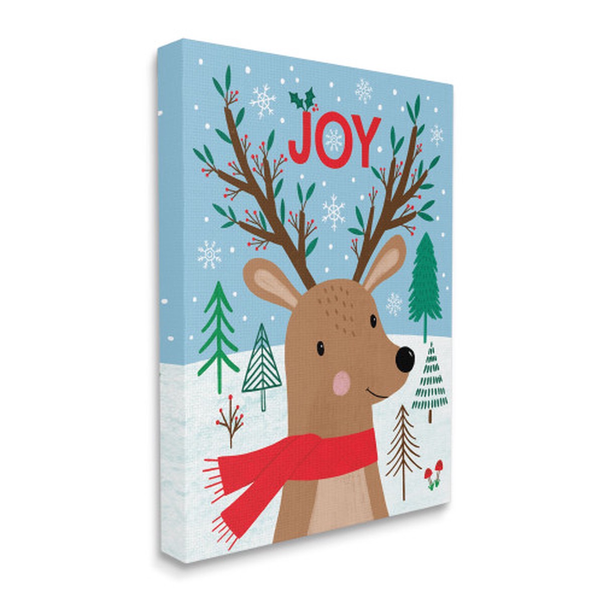 Blue and Brown Holly Reindeer Winter Forest Christmas Stretched Canvas Wall Art 20" x 16"