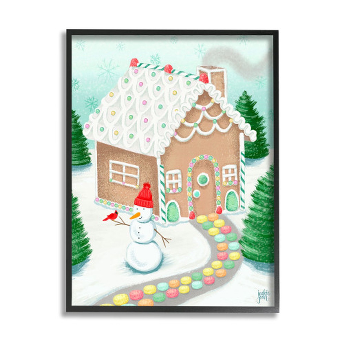 Blue and Green Gingerbread House Christmas Snowman Rectangular Framed Wall Art 20" x 16"