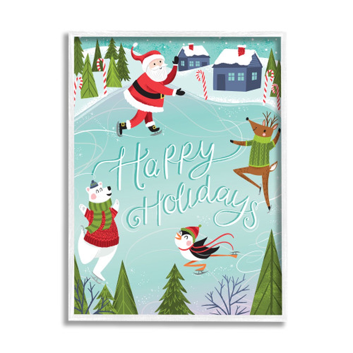 Blue and Green Happy Holidays Ice Skating Animals Framed Giclee Texturized Wall Art Decor 20" x 16"