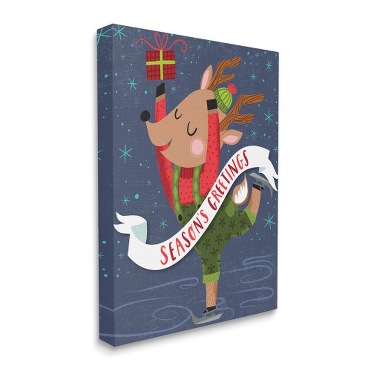 Blue and Green Season's Greetings Dancing Reindeer Rectangular Canvas Wall Art Decor 48" x 36"