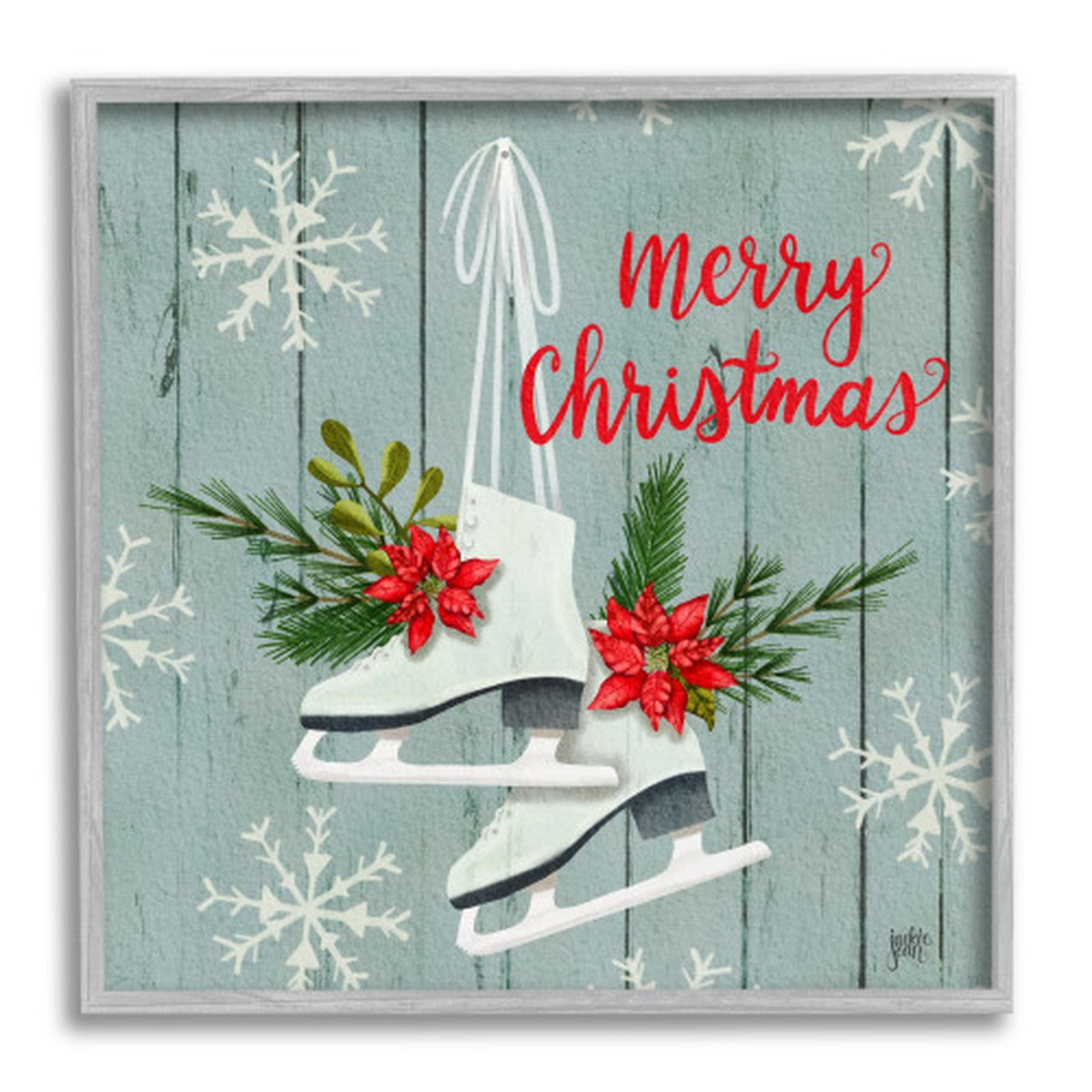 Blue and Red Ice Skating Shoes Merry Christmas Square Framed Wall Art 17" x 17"