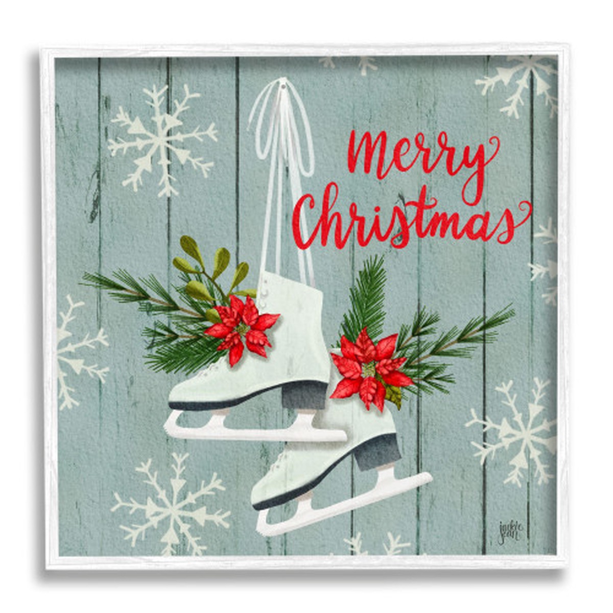 Blue and Red Ice Skating Shoes Merry Christmas White Square Framed Wall Art 24" x 24"