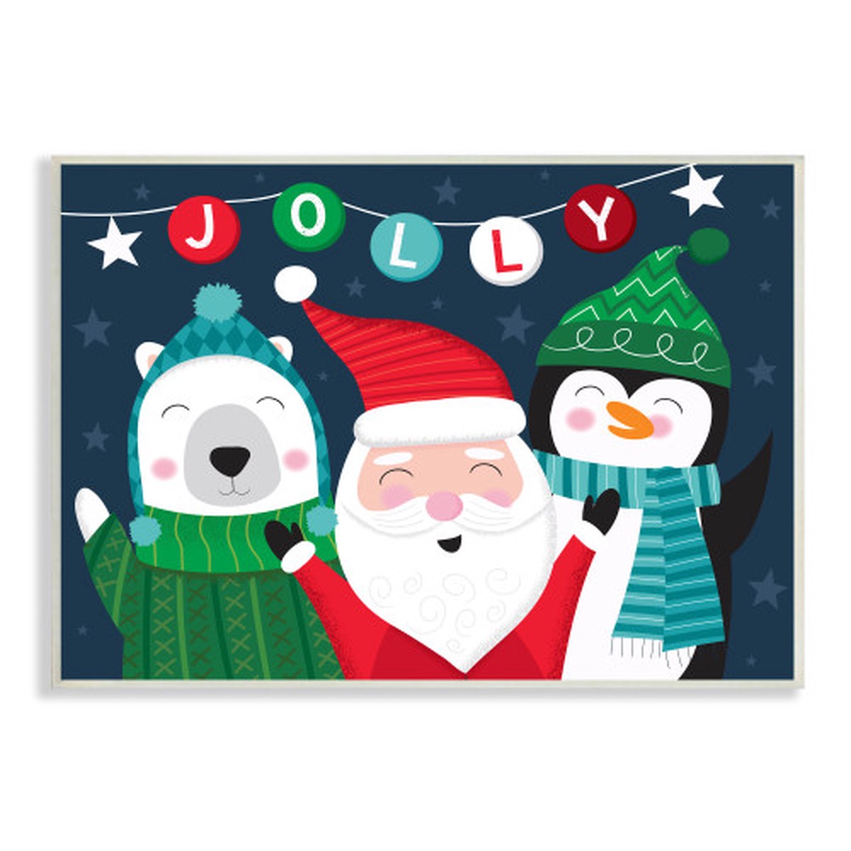Blue and Red Jolly Santa Claus Penguin Christmas Rectangular Wall Plaque 10" x 15"