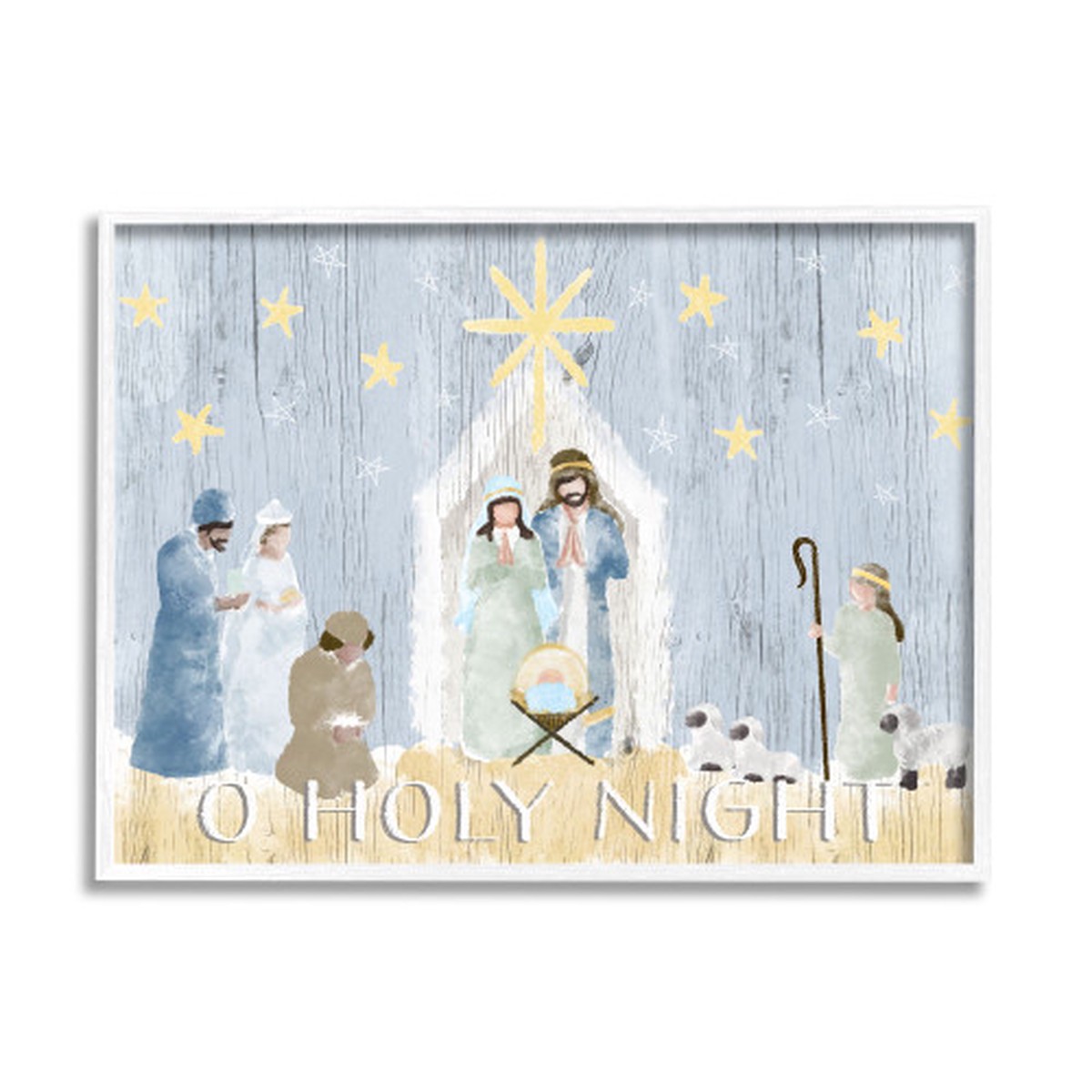 Blue and White Nativity Barn Stable Christmas White Framed Wall Art 24" x 30"