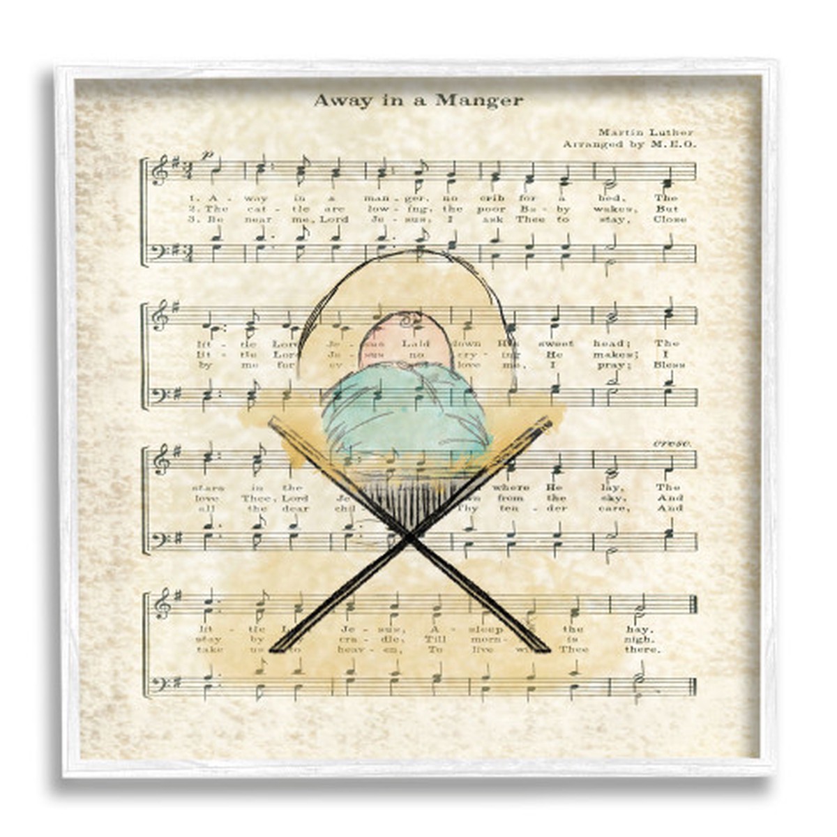 Brown and Blue Baby Jesus Cradle Musical Script White Framed Wall Art 24" x 24"