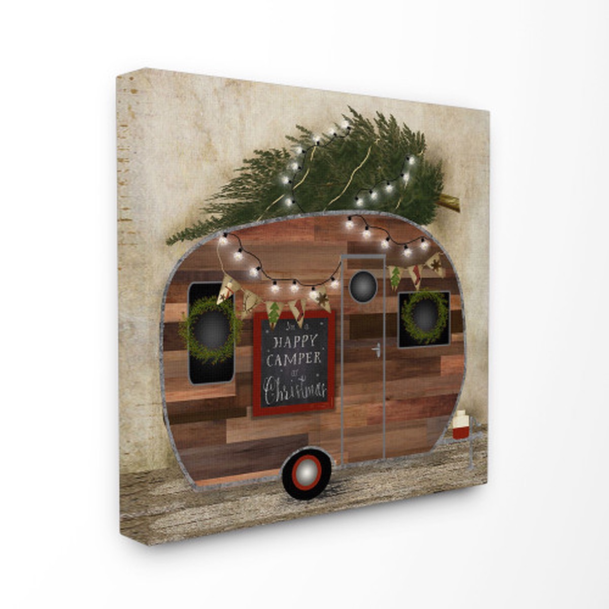 Brown and Green Happy Camper At Christmas Stretched Square Wall Art 17" x 17"