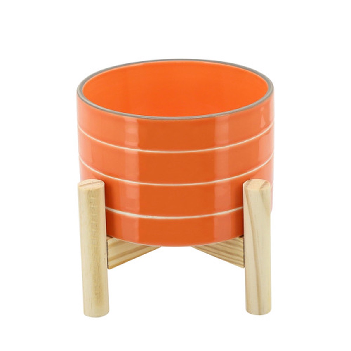 Ceramic Striped Planter with Stand - 6" - Orange