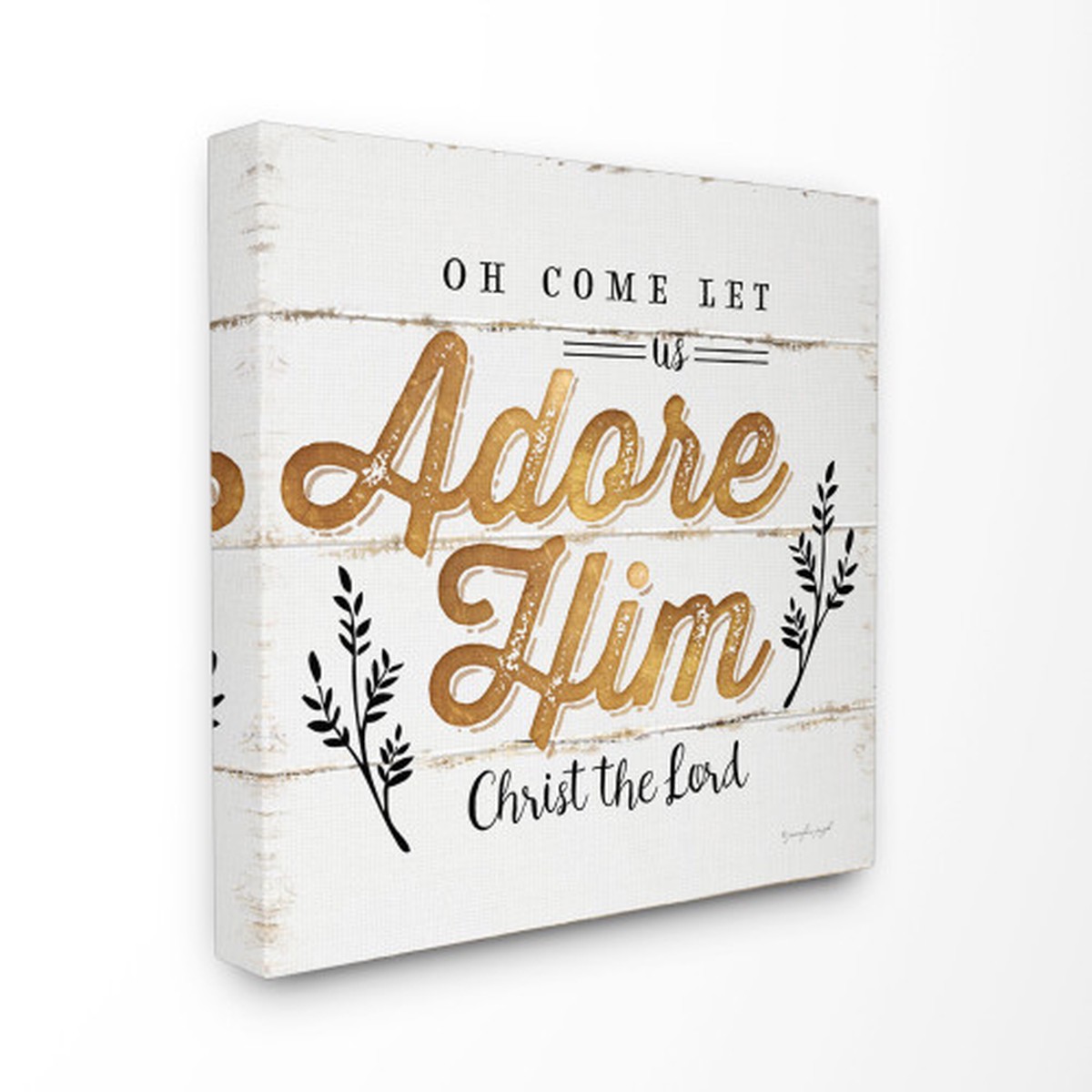 Gold and White Adore Him Christmas Holiday Stretched Canvas Wall Art 17" x 17"