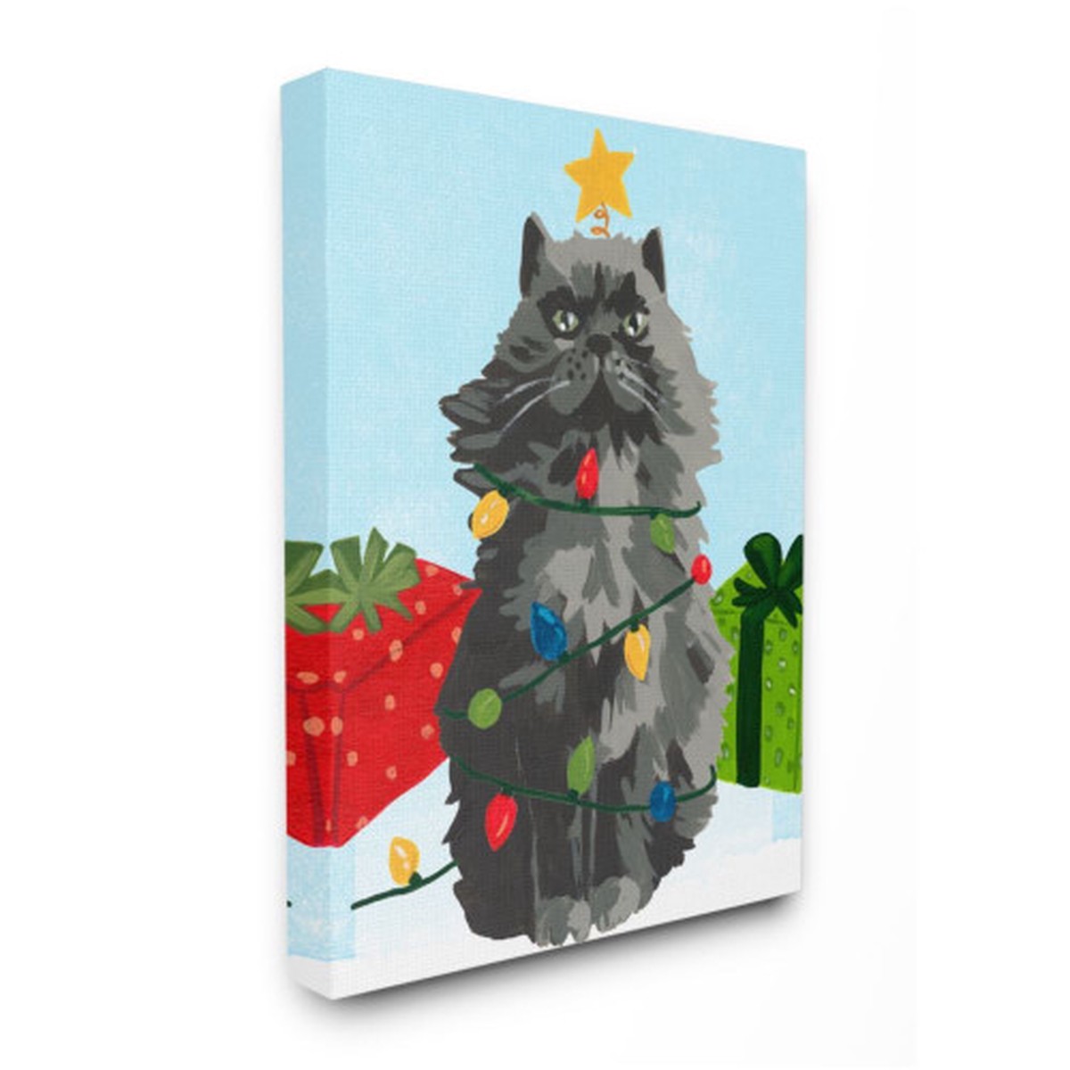 Gray and Blue Cat Festive Holiday Lights Christmas Rectangular Wall Art 30" x 24"