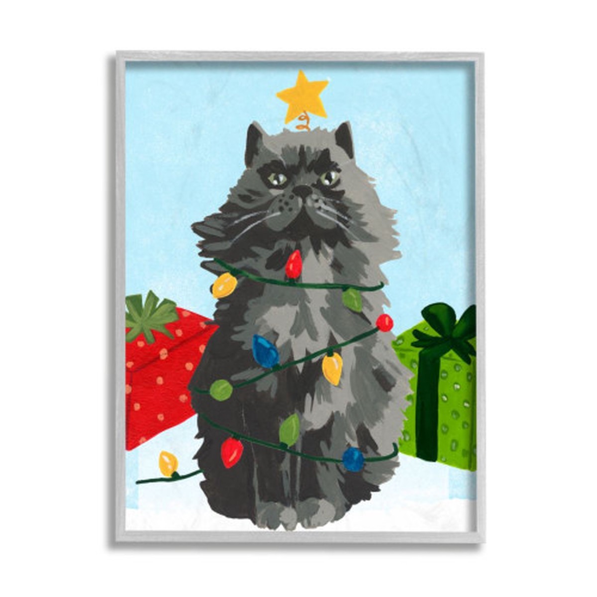 Gray and Blue Cat Festive Holiday Lights Christmas Rustic Framed Wall Art 20" x 16"