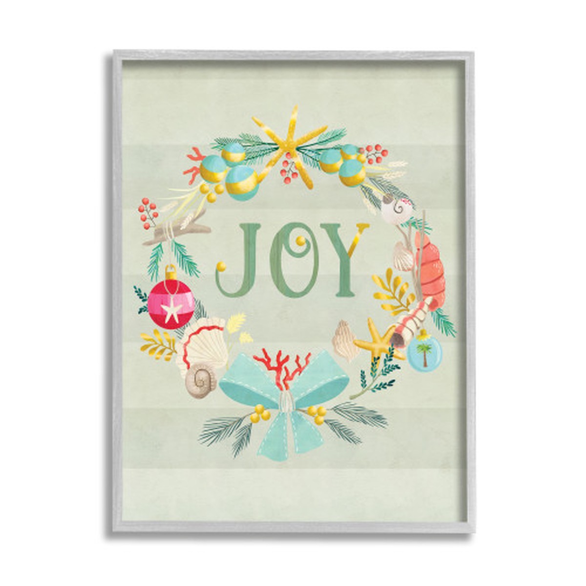 Green and Blue Nautical Wreath Joy Sentiment Stripes Rustic Framed Wall Art 30" x 24"