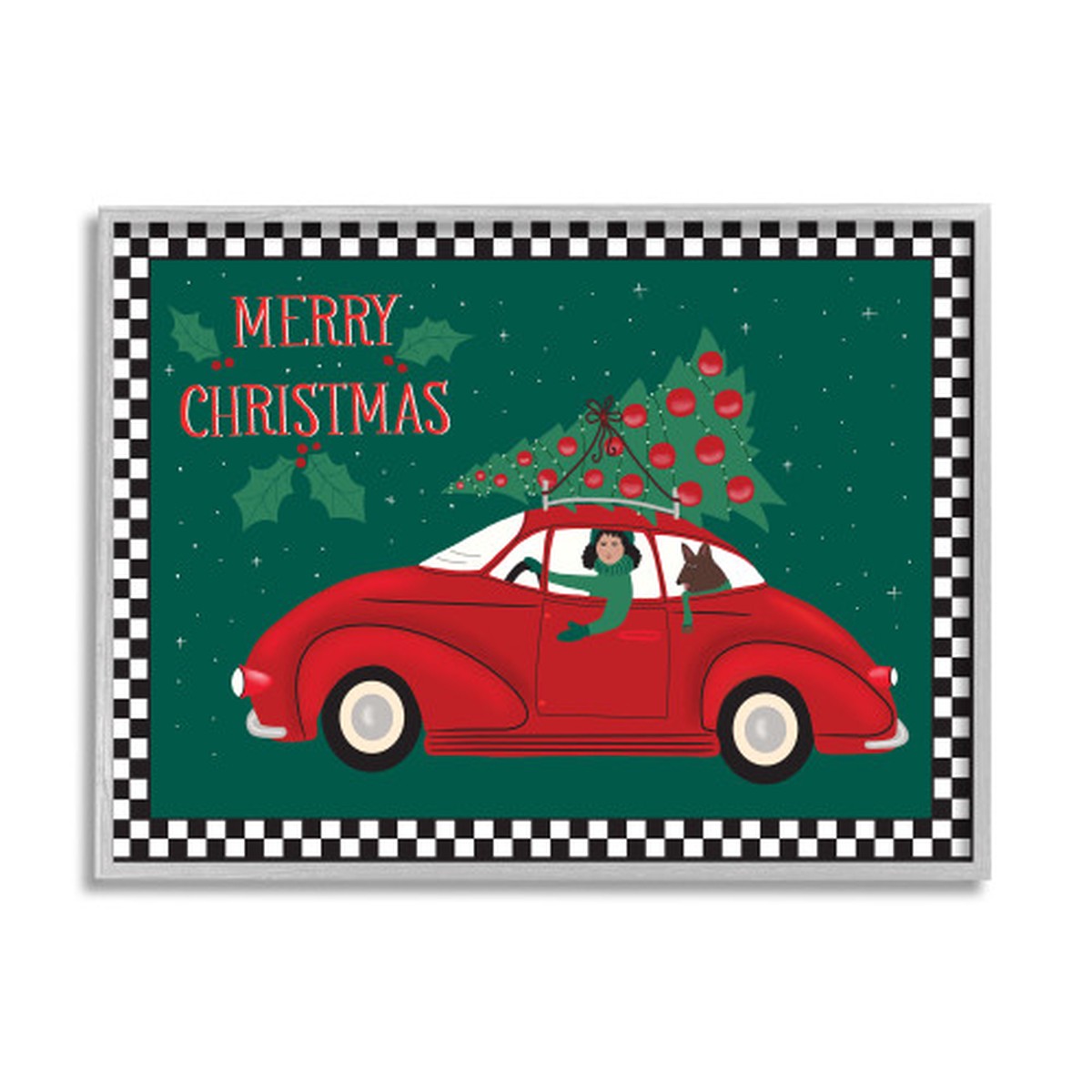 Green and Red Framed "Merry Christmas" Woman in Car Wall Art Decor 16" x 20"