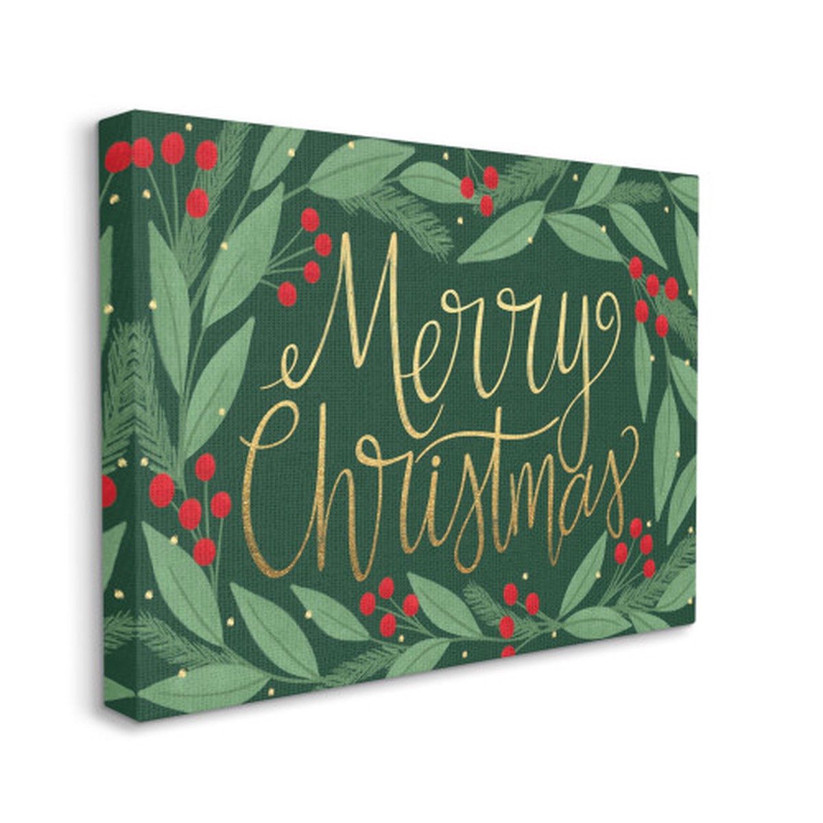 Green and Red "Merry Christmas" Holly Stretched Canvas Wall Art Decor 16" x 20"