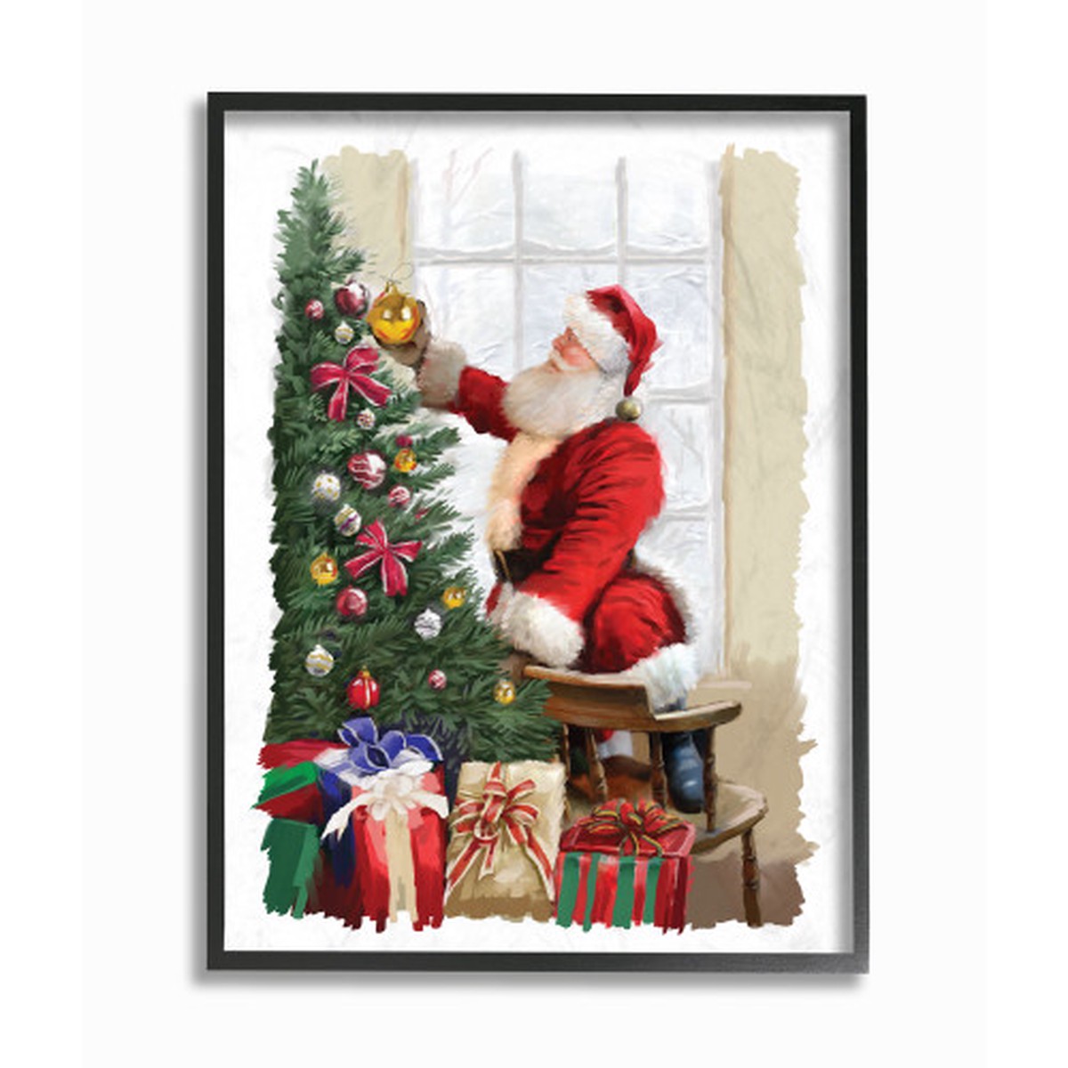 Green and Red Santa Decorating Christmas Tree Rectangular Framed Wall Art 20" x 16"