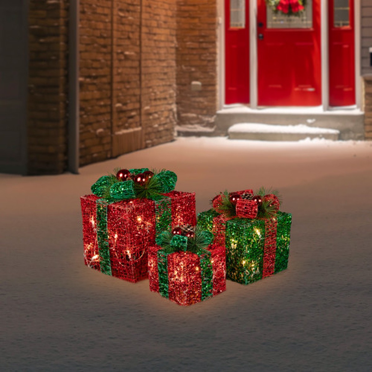 LED Lighted Glitter Threaded Gift Boxes Outdoor Christmas Decoration - Set of 3