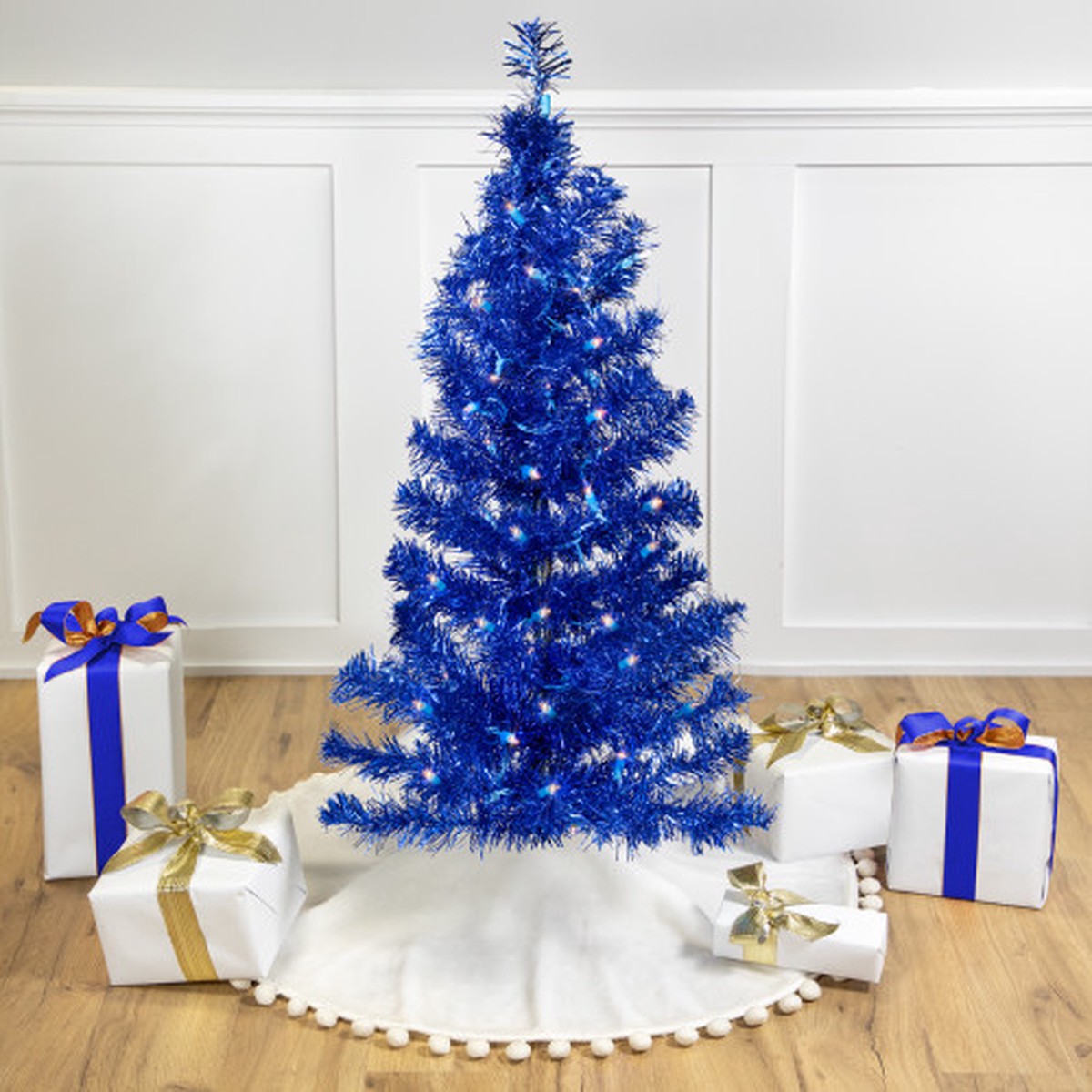 Pre-Lit Artificial Tinsel Christmas Tree - Blue - 4' - Clear Lights