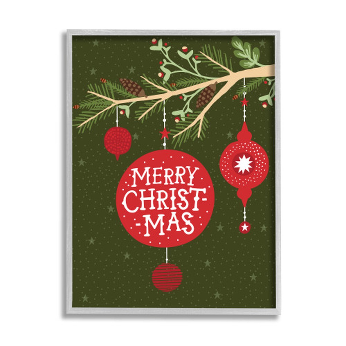 Red and Green Merry Christmas Festive Pine Tree Ornament Gray Framed Wall Art 30" x 24"