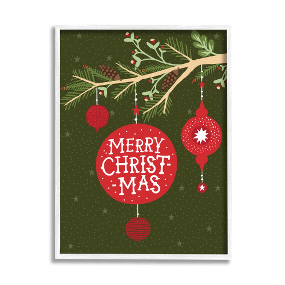 Red and Green Merry Christmas Festive Pine Tree Ornament White Framed Wall Art 30" x 24"
