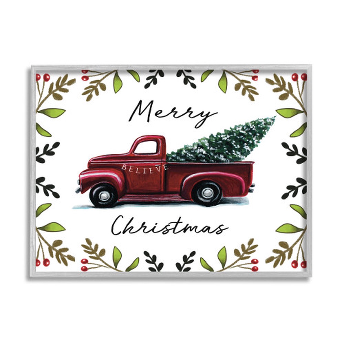 Red and Green Merry Christmas Holly Believe Farm Truck Gray Oversized Framed Wall Art 16" x 20"