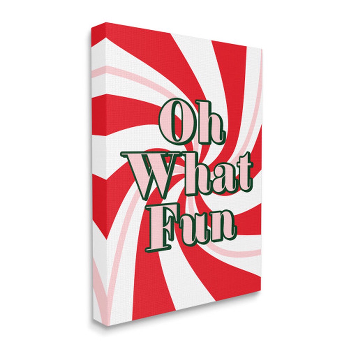 Red and Pink Oh What Fun Phrase Peppermint Pattern Rectangular Canvas Wall Art 48" x 36"
