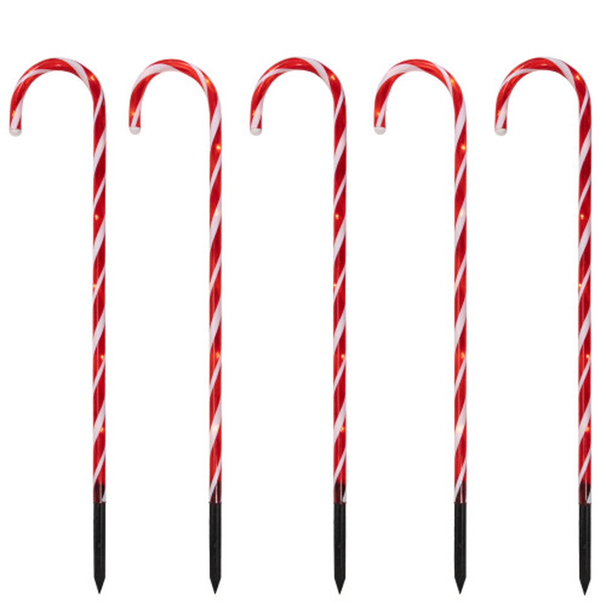 Set of 5 Red Lighted Candy Cane Christmas Lawn Stakes 28" - Battery Operated