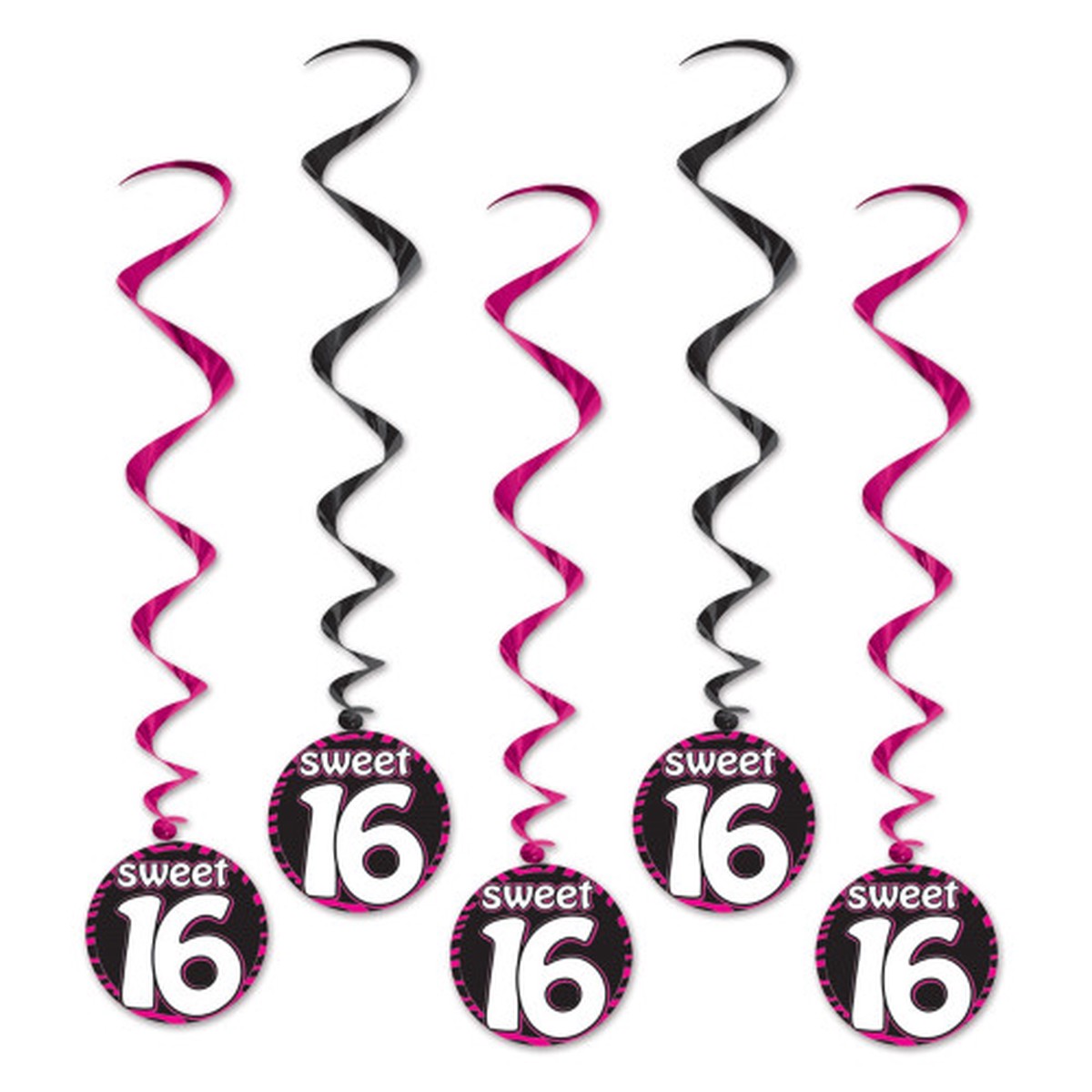 Sweet 16 Whirls Hanging Party Decorations - 43" - Cerise and Black - Pack of 30