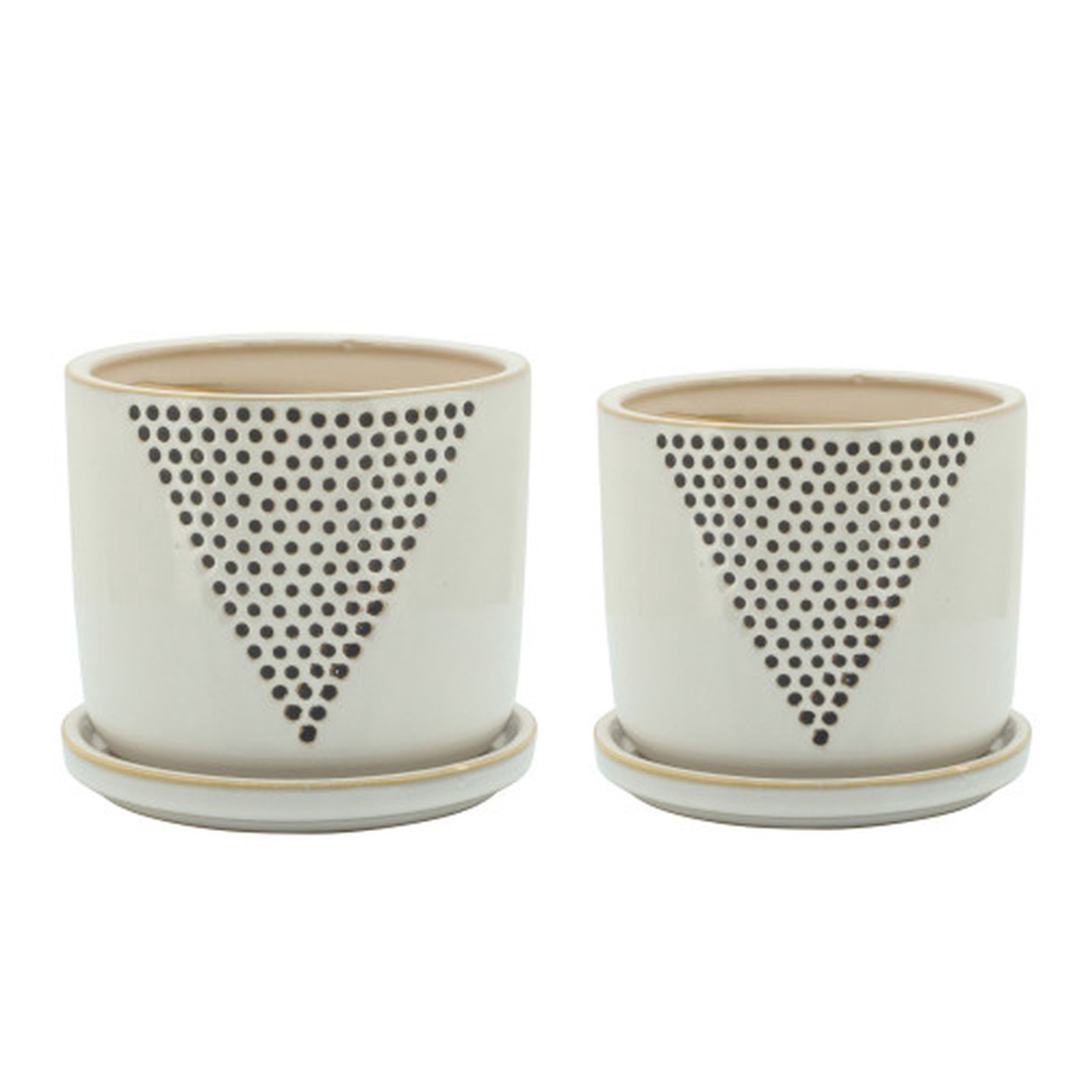 Triangle Dots Ceramic Planters with Saucers - 6" - White and Black - Set of 2