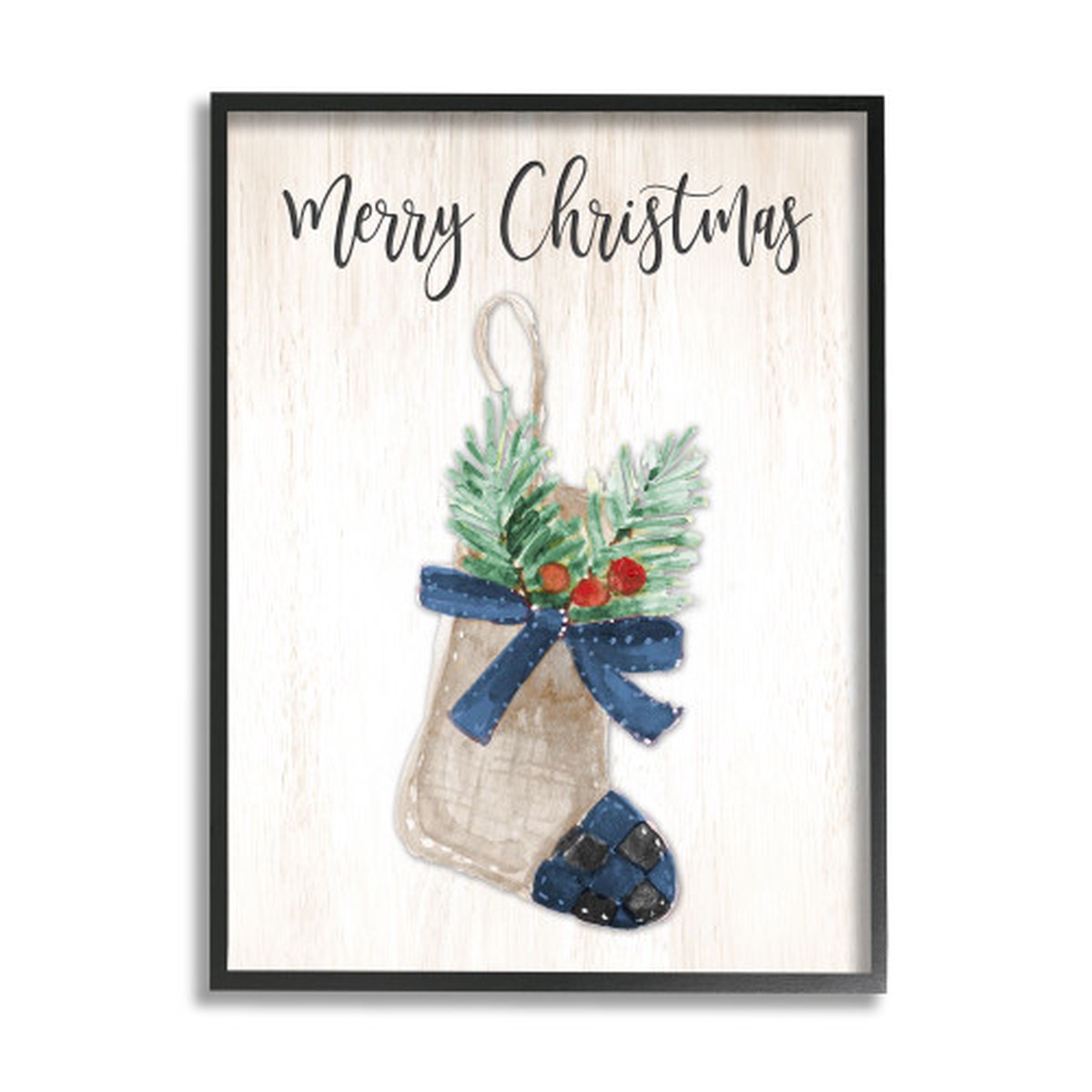 White and Black "Merry Christmas" Plaid Holiday Stocking Framed Wall Art 30" x 24"