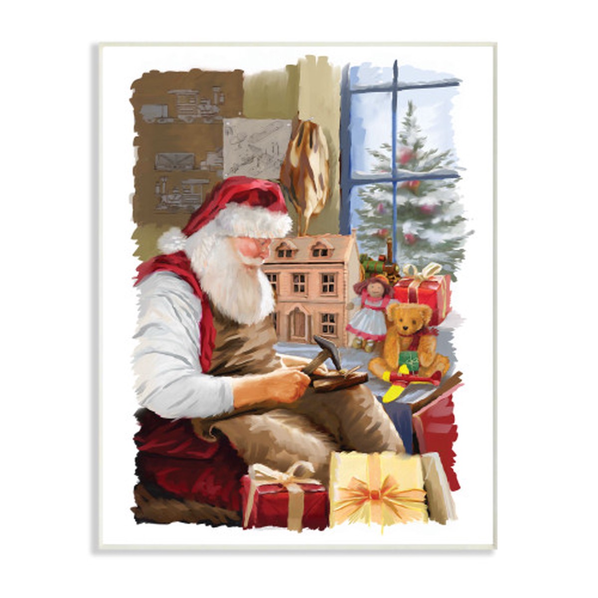 White and Brown Santa Creating Toys and Window Scene Rectangular Wall Plaque Art 15" x 10"