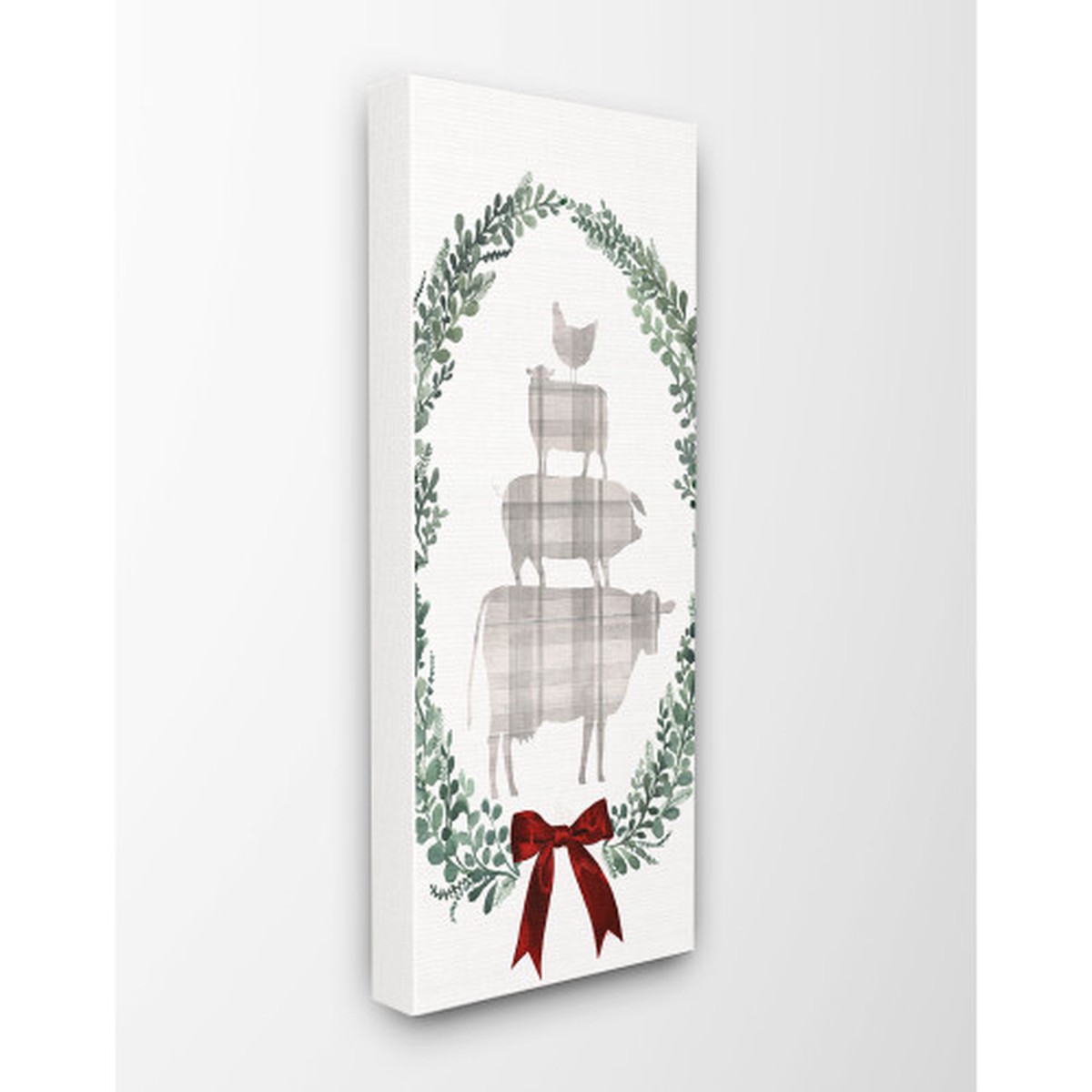 White and Gray Plaid Stacked Farm Animals In Wreath Rectangular Canvas Wall Art 24" x 10"
