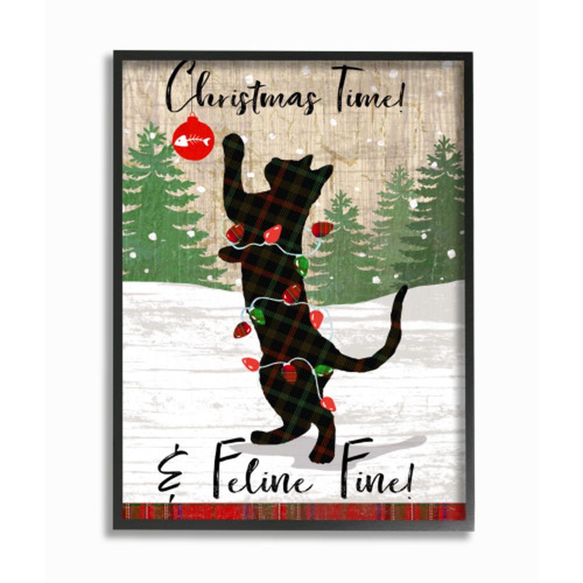 White and Green Christmas Time Phrase Family Cat Framed Giclee Texturized Wall Art Decor 30" x 24"