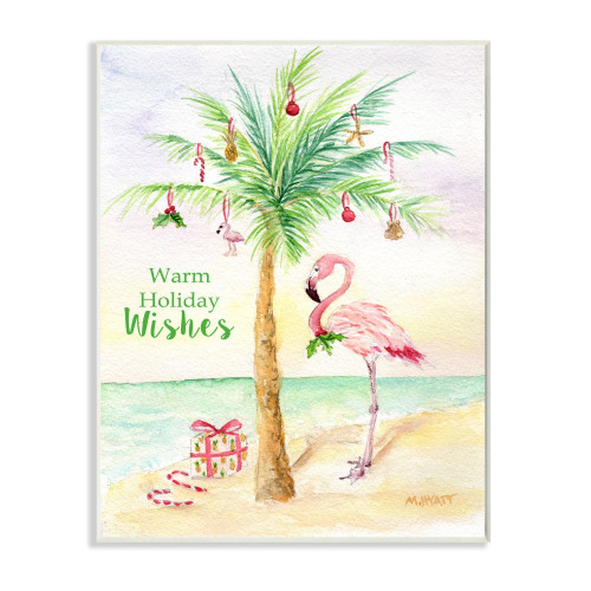 White and Green Tropical Flamingo Nautical Palm Tree Christmas Wall Plaque Art 15" x 10"