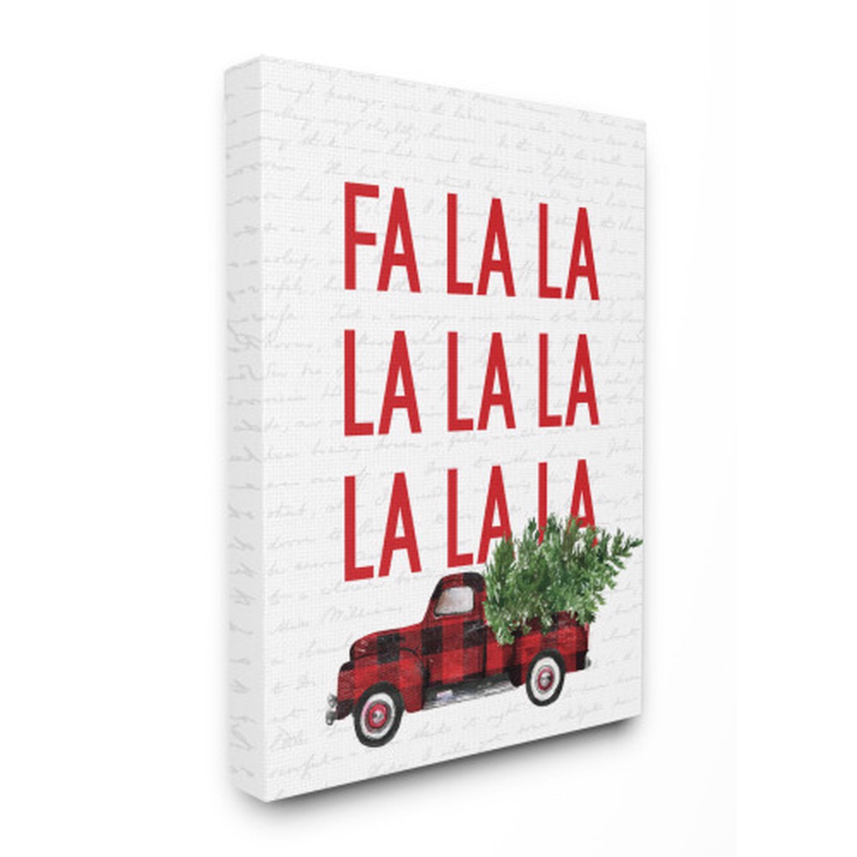 White and Red "Fa La La" Plaid Truck Christmas Stretched Canvas Wall Art 20" x 16"
