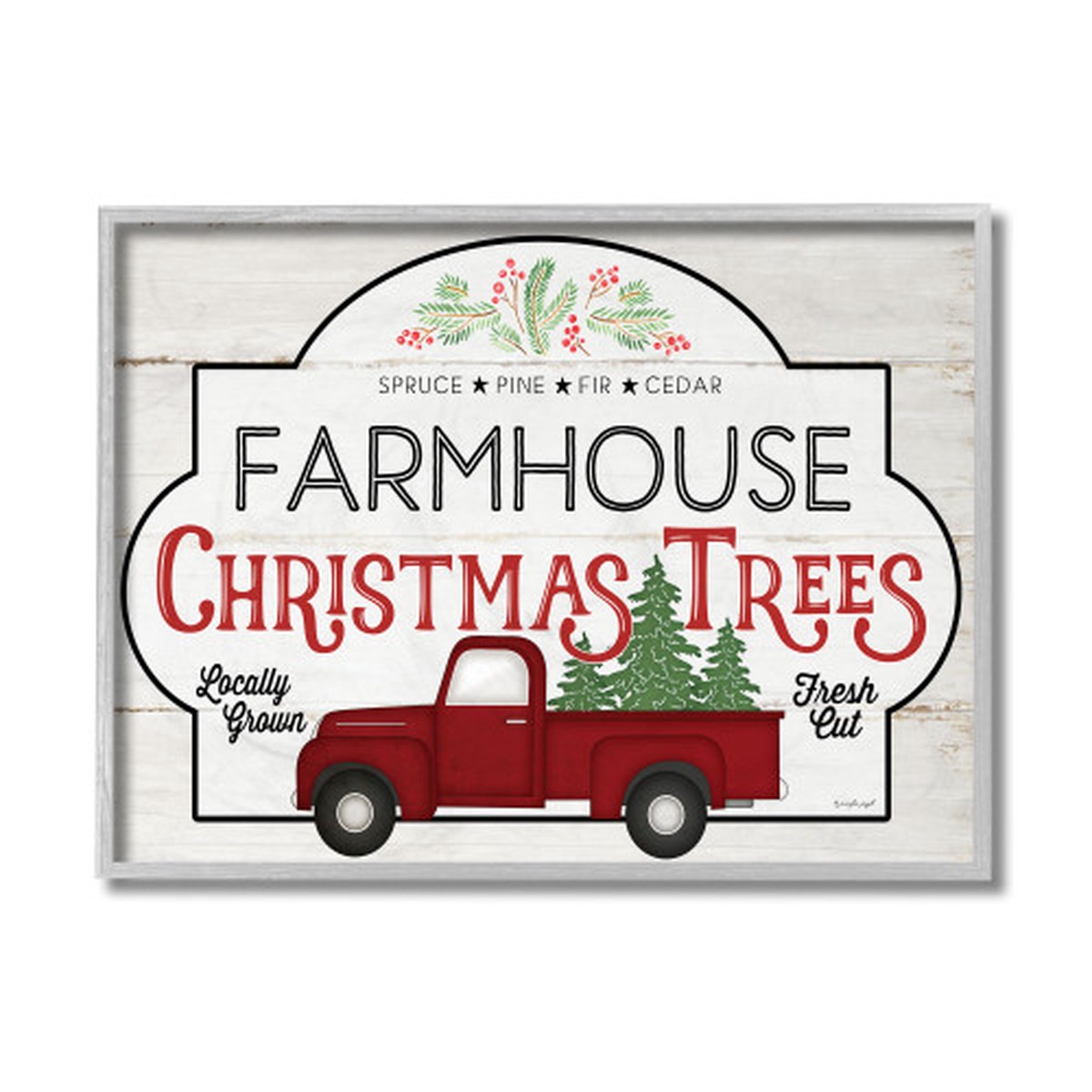 White and Red Farmhouse Christmas Tree Gray Framed Giclee Texturized Wall Art Decor 16" x 20"