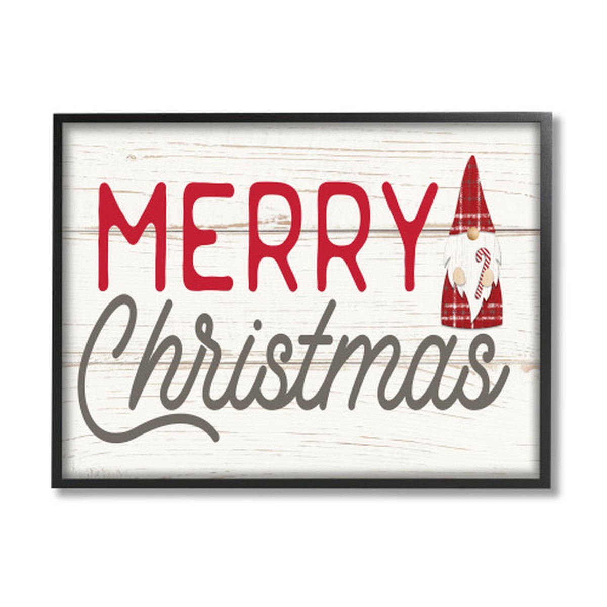 White and Red Merry Christmas Gnome Framed Giclee Texturized Rectangular Wall Art Decor 30" x 24"