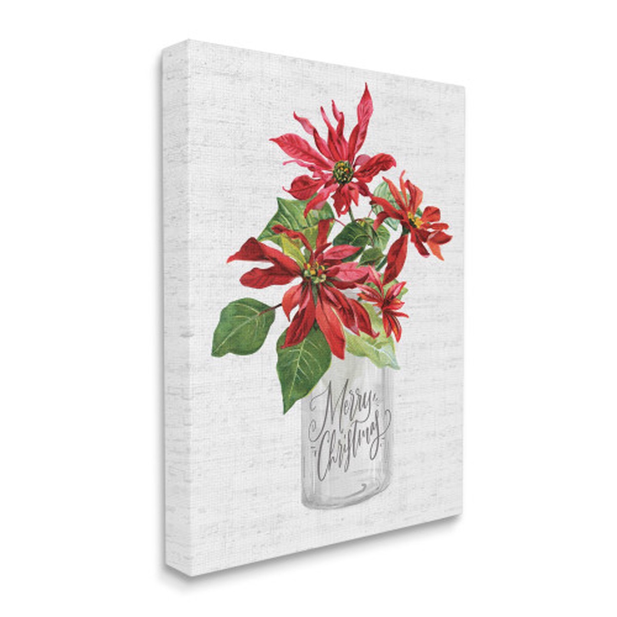 White and Red Merry Christmas Phrase Poinsettia Bouquet Stretched Wall Art Decor 30" x 24"