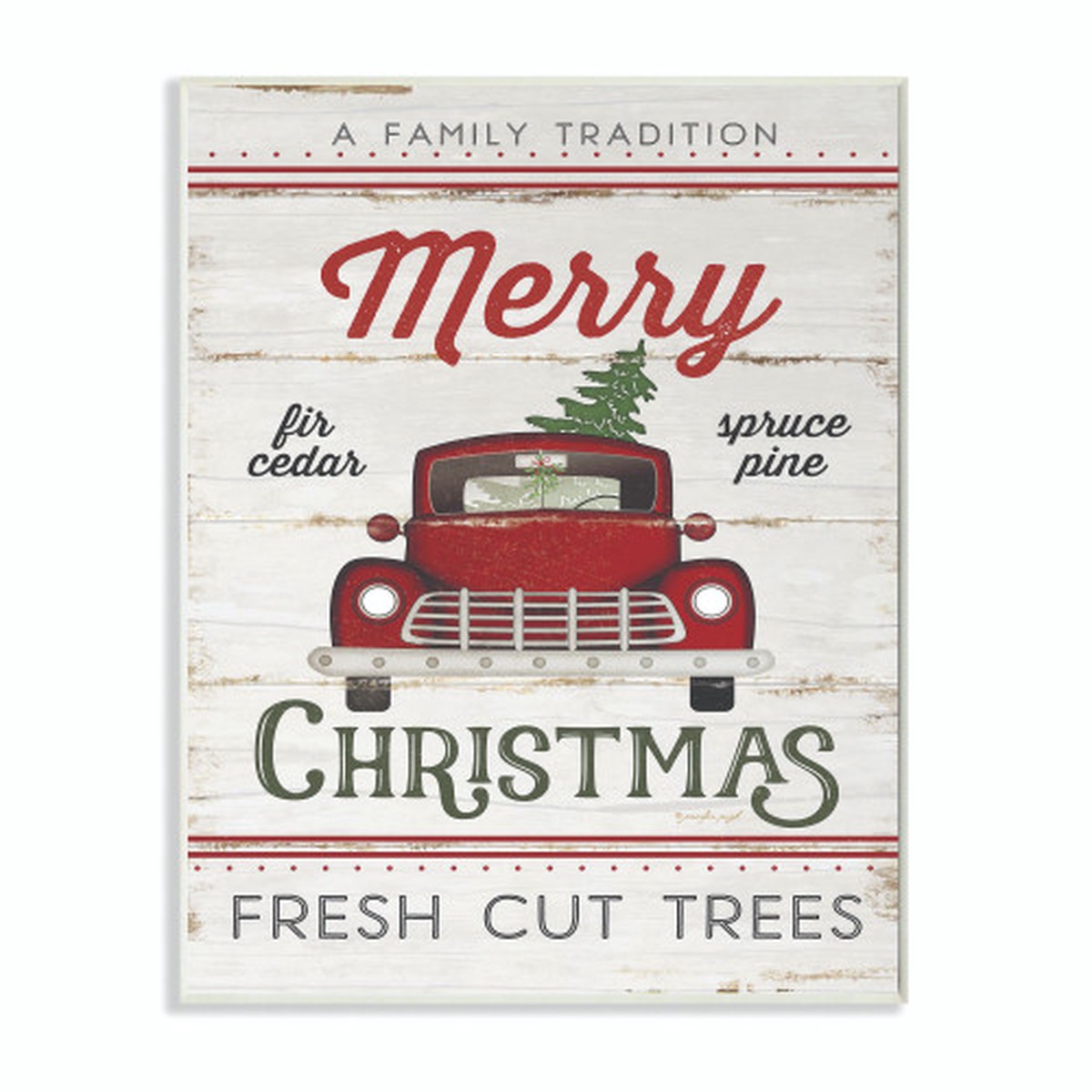 White and Red "Merry Christmas" Wood Texture Holiday Truck Wall Plaque Art 19" x 13"