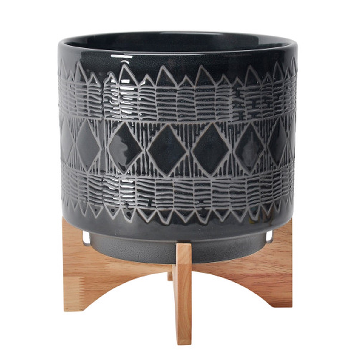 11" Black and Beige Ceramic Aztec Planter on Stand
