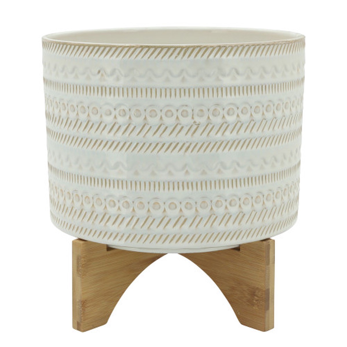 11" Ivory and Beige Tribal Ceramic Planter with Stand