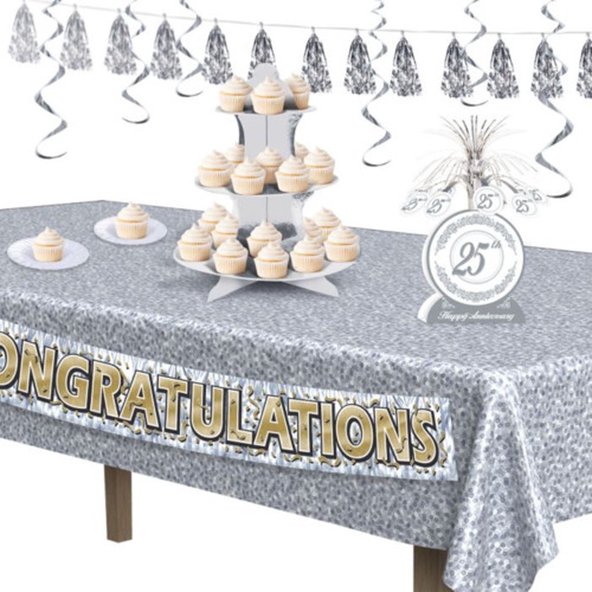 25th Anniversary Metallic Cascading Party Centerpiece - 13" - Silver and Gray - Pack of 12
