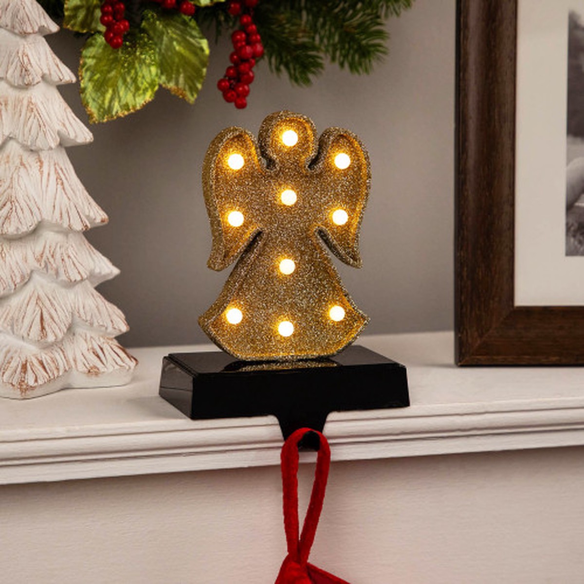 6.5" LED Lighted Glittered Angel Christmas Stocking Holder - Gold
