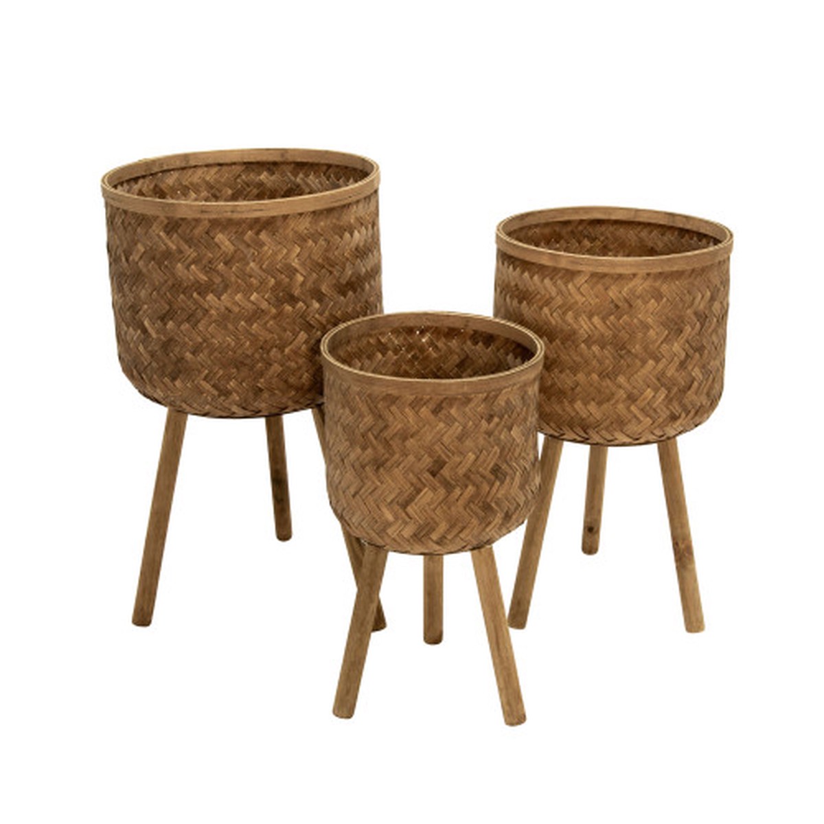 Bamboo Weave Outdoor Planters on Stand - 26" - Brown - Set of 3