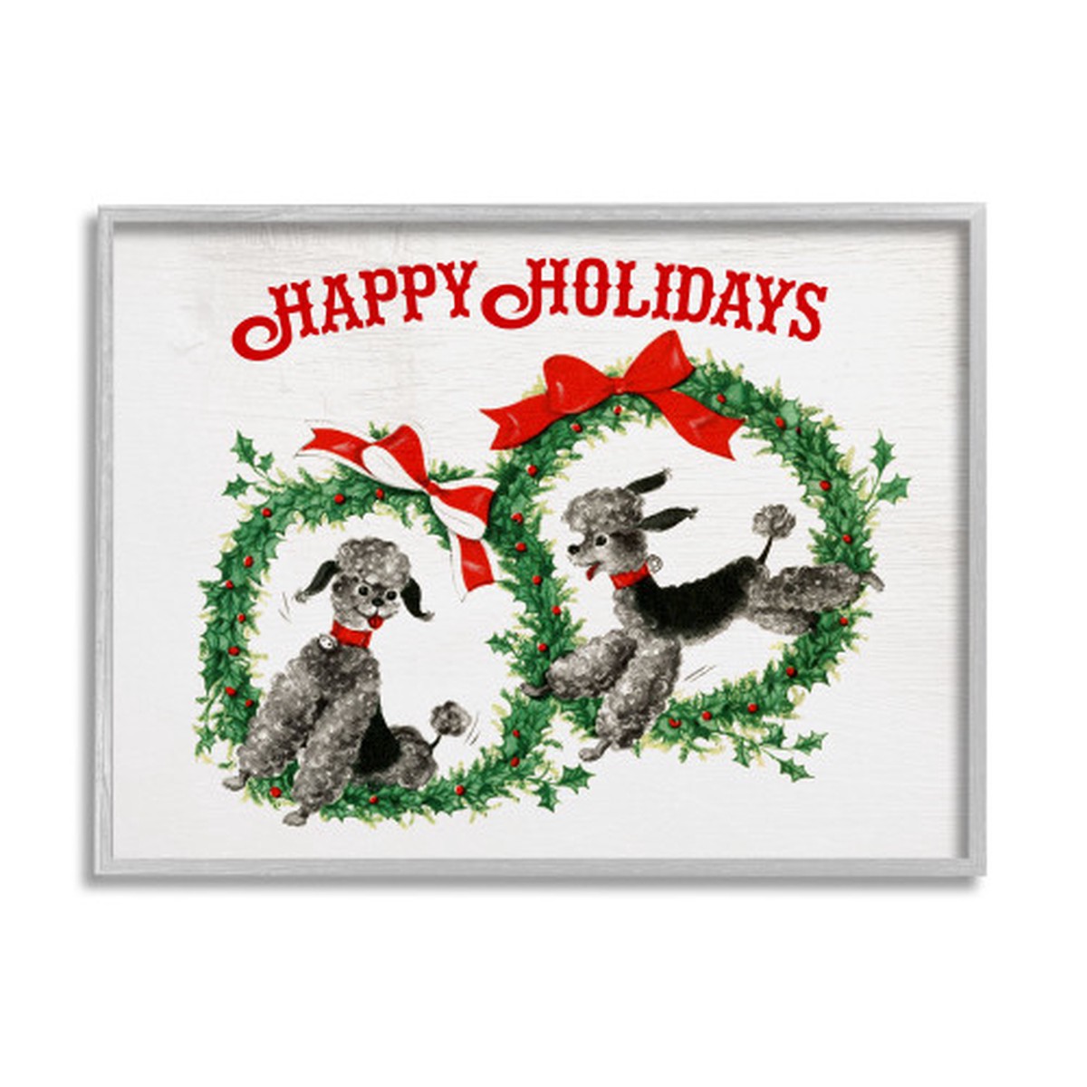 Beige and Gray "Happy Holidays" Toy Poodle Wreaths Framed Christmas Wall Art 24" x 30"