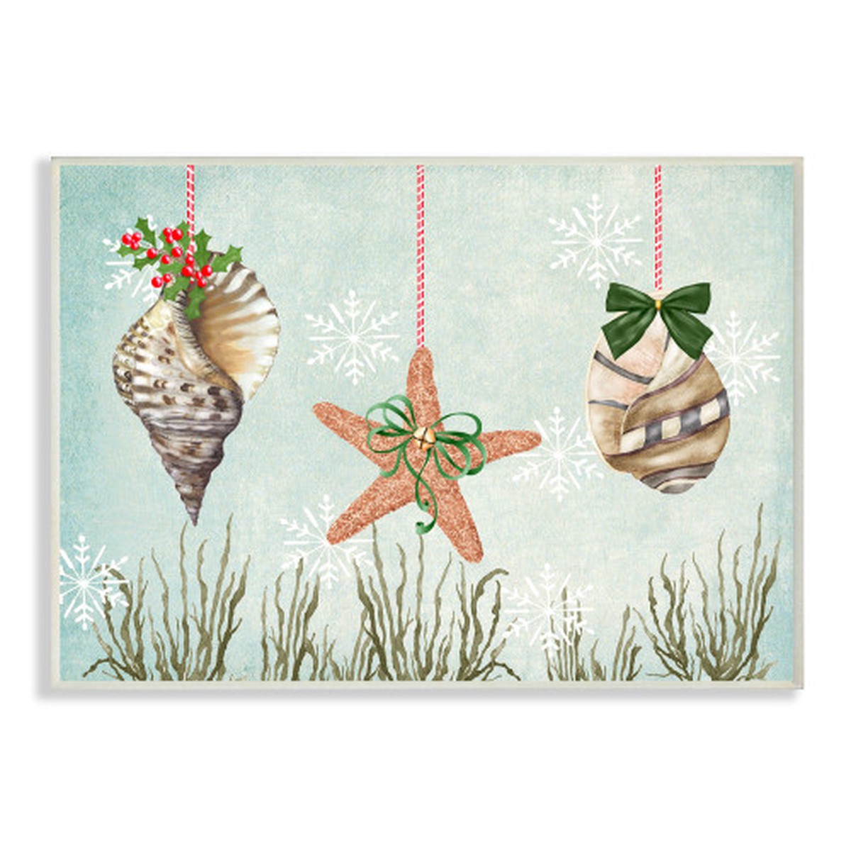 Blue and Brown Seashell Ornaments And Snowflakes Rectangular Wall Plaque Art 19" x 13"