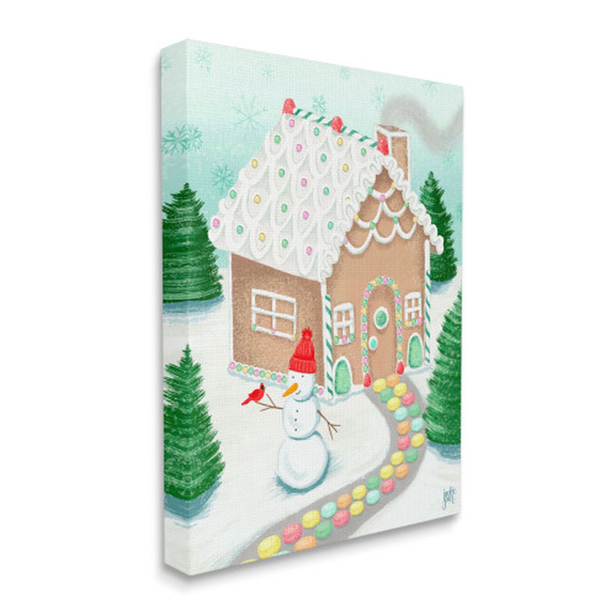 Blue and Green Gingerbread House Christmas Snowman Rectangular Canvas Wall Art 48" x 36"