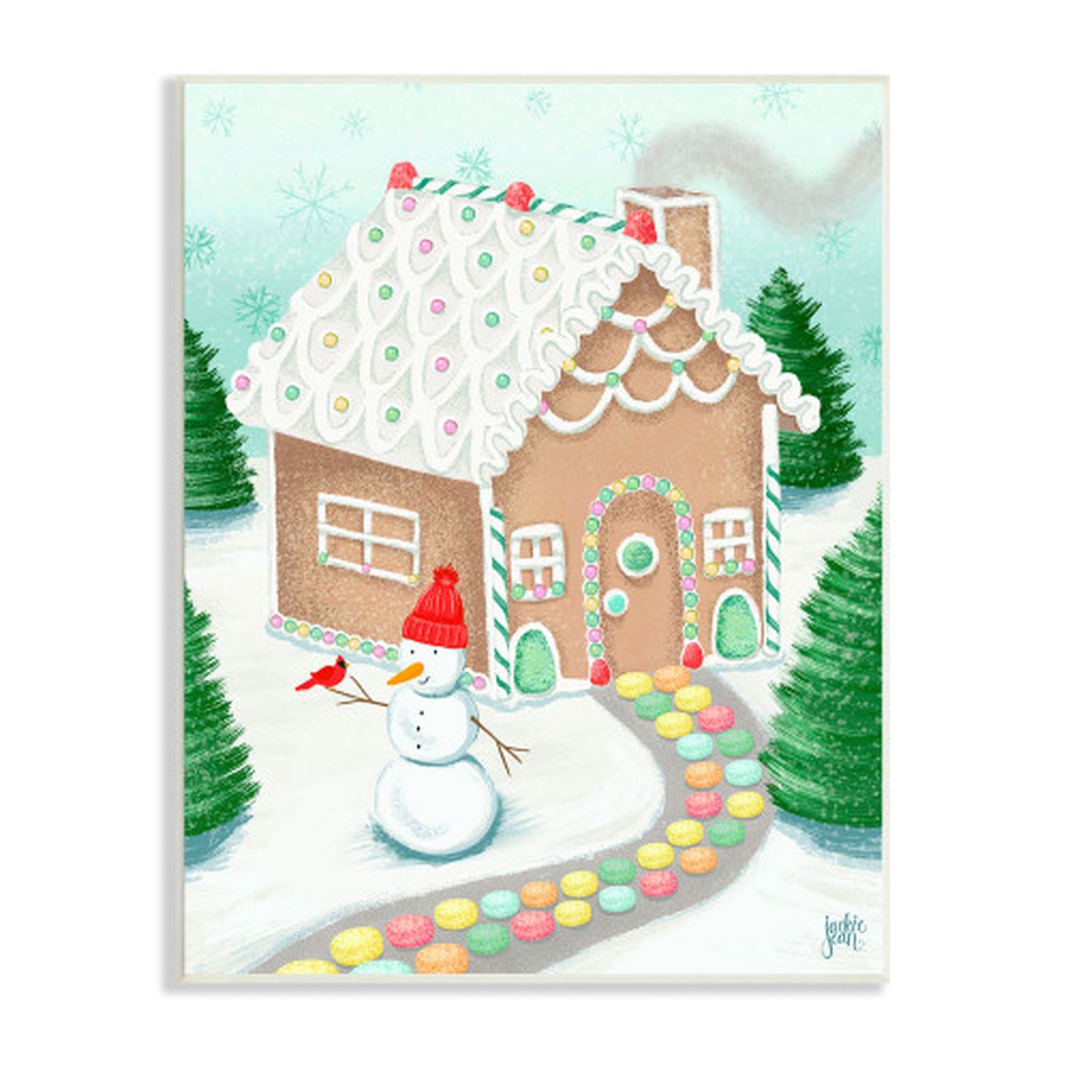 Blue and Green Gingerbread House Christmas Snowman Rectangular Wall Plaque Art 19" x 13"