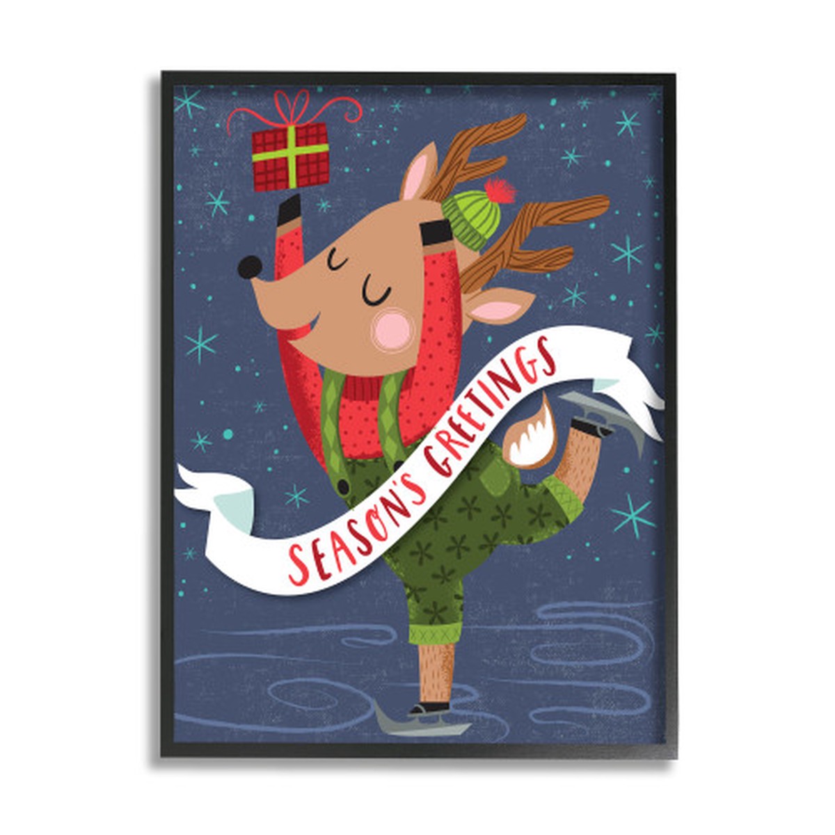 Blue and Green Season's Greetings Christmas Framed Giclee Texturized Wall Art Decor 30" x 24"