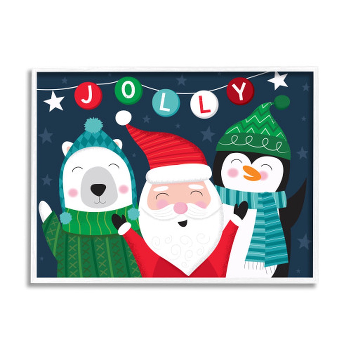 Blue and Red Christmas Jolly Santa Claus Penguin Rectangular Framed Wall Art 24" x 30"